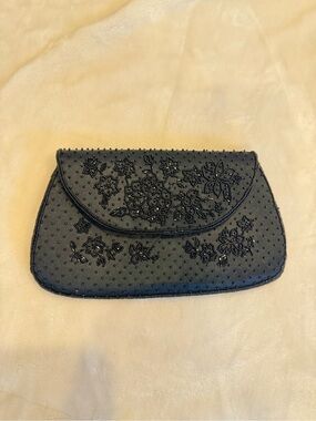 Vintage Black Beaded Floral Embroidered Evening Clutch- Handmade